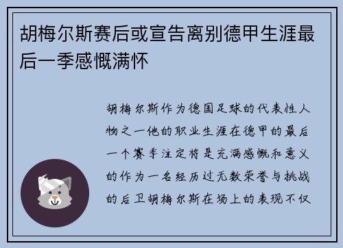 胡梅尔斯赛后或宣告离别德甲生涯最后一季感慨满怀